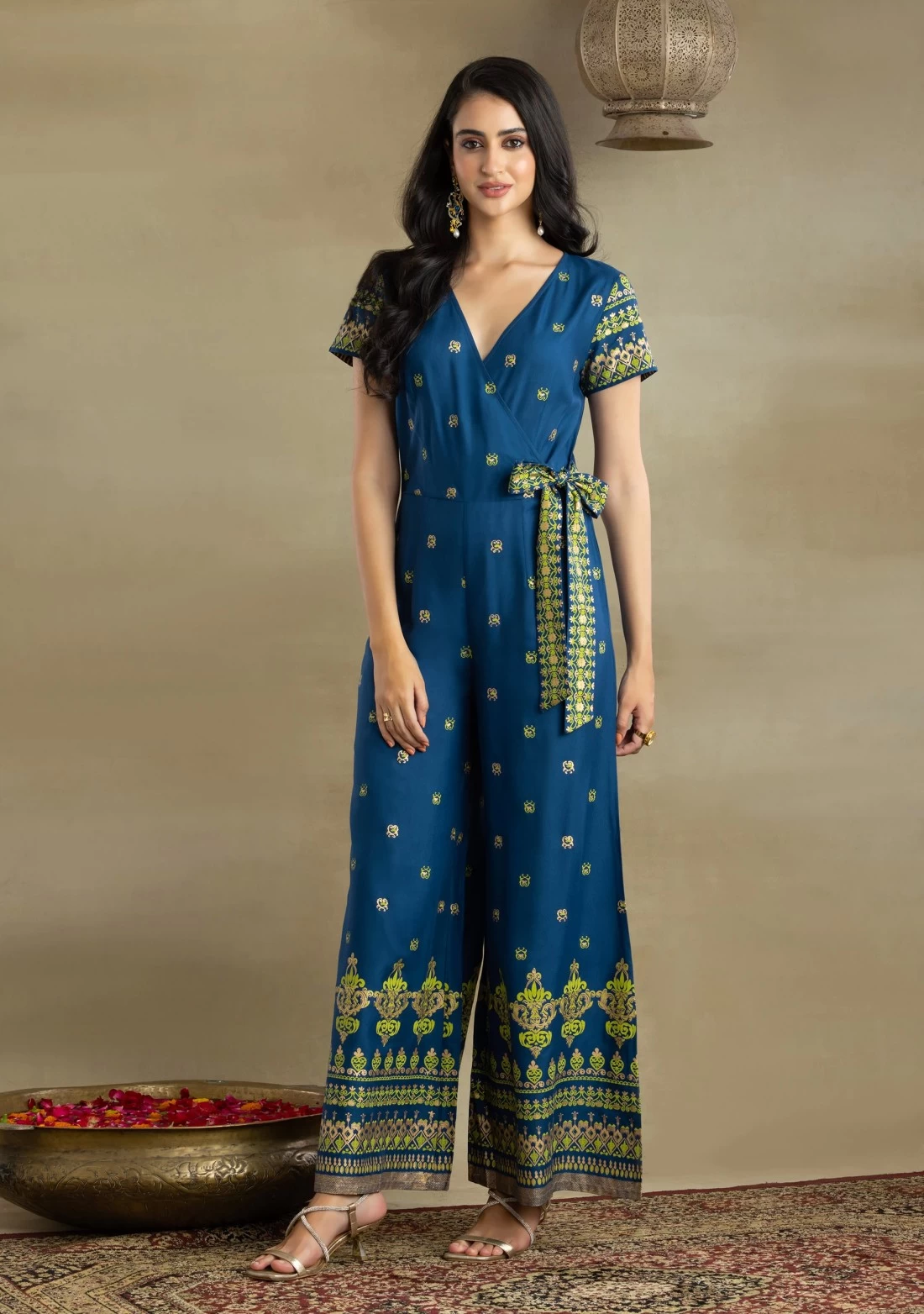 Blue Khari Gold Printed Rayon Jumpsuit