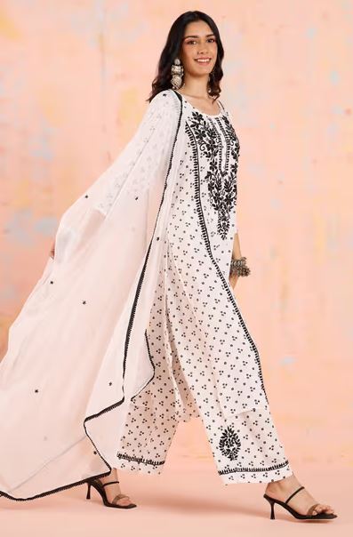 White Chikankari Kurta Pant and Dupatta