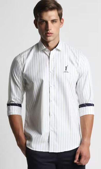Men White Slim Fit Stripe Shirt
