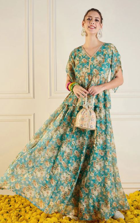 Women Turquoise Blue Floral Anarkali Skirt