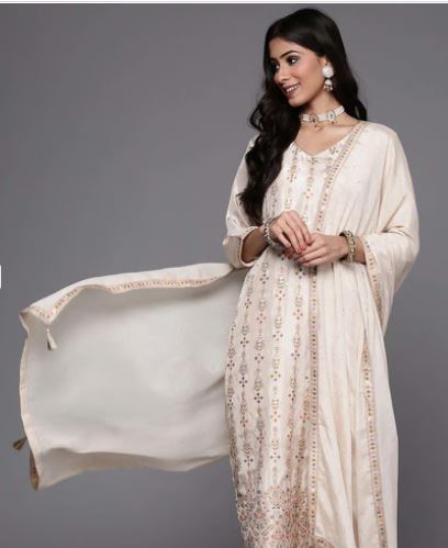 Libas Beige Embroidered Kurta Pant Set