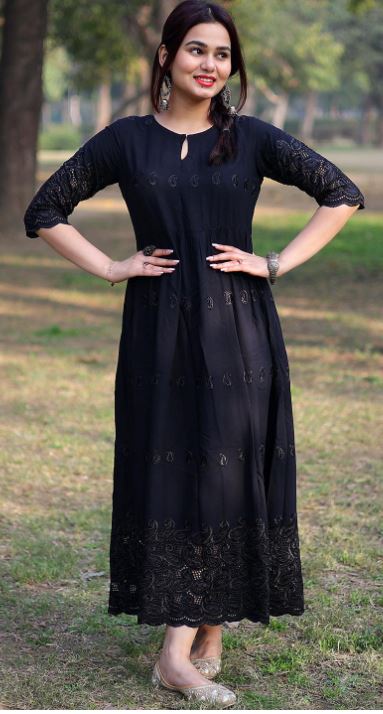 Black Schiffli Rayon Dress