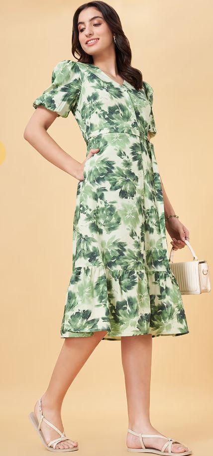 Light Green Printed Casual Regular Fit Dresses