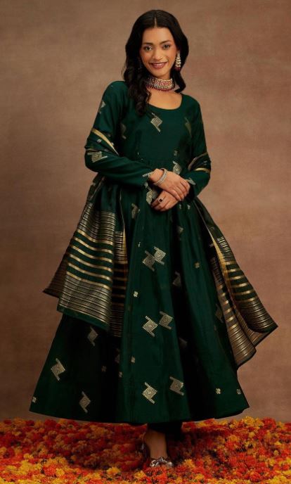 Green Woven Design Chanderi Silk Suit With Dupatta