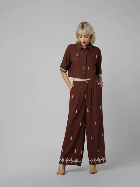 Embroidered Crop Co-ord Set Shirt