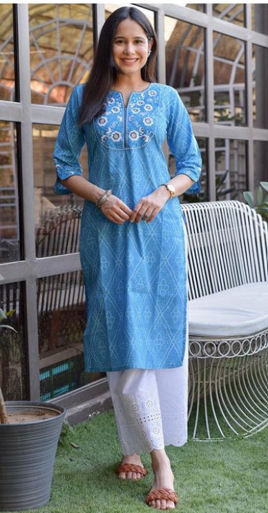 Blue Yoke Design Cotton Straight Kurta