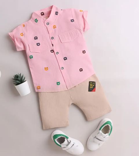 Boys Pink All-Over Print Shirt And Shorts Set