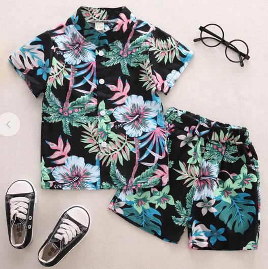 Boys Black Floral Print Shirt and Short Set