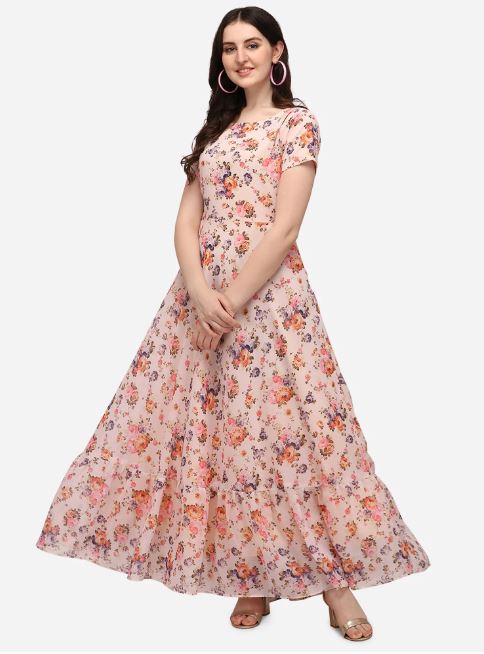 Cream Floral Printed Georgette Dress