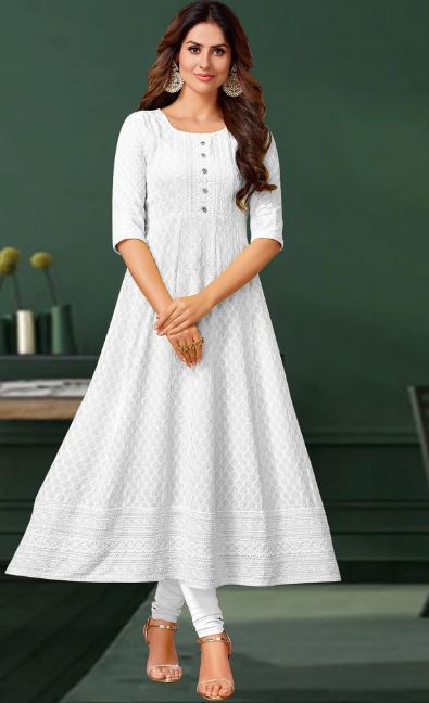 White Chikankari Work Aanarkali Style Rayon Kurti