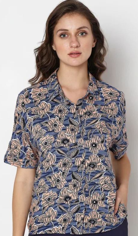 Blue Floral Print Casual Shirt
