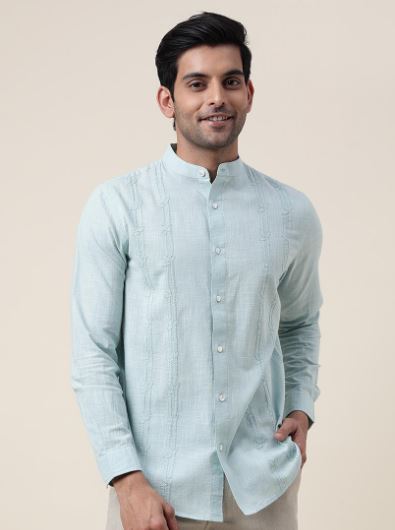 Blue Cotton Embroidered Slim Fit Shirt