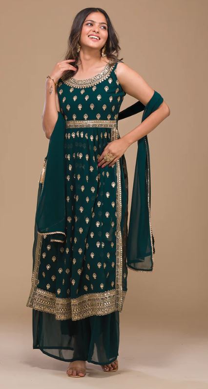 Peacock Blue Zariwork Georgette Readymade Salwar Suit