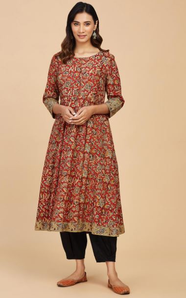 Red Cotton Kalamkari Printed Slim Fit Long Kurta