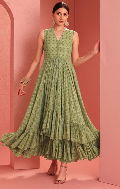 Lime Green Foil Layered Kurta