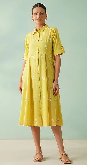 Yellow Cotton Dress With Hand Phool-Patti Applique