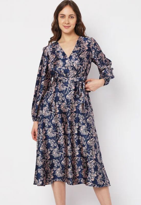 Navy Blue Floral Midi Dress