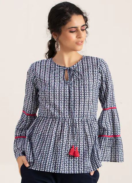 Blue Block Print Flared Sleeve Top