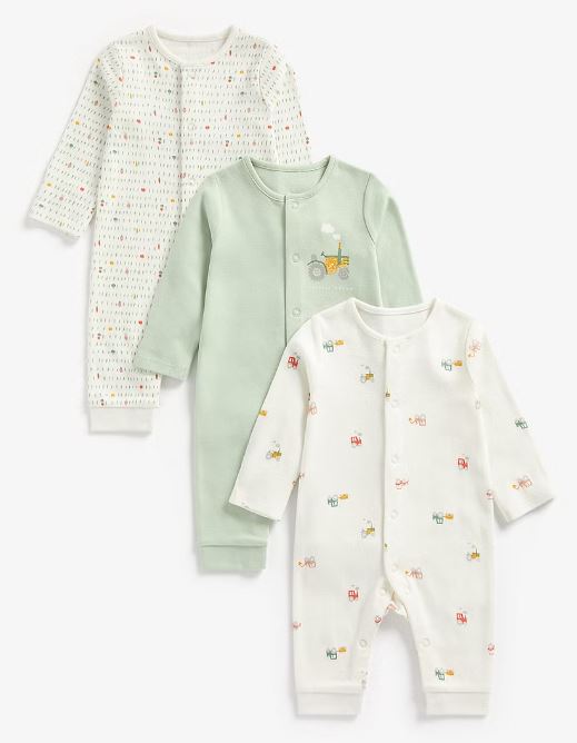 Boys Full Sleeves Sleepsuit Tractor Print - Pack Of 3