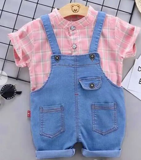 Boys Peach Checkered Shirt And Dungaree Set