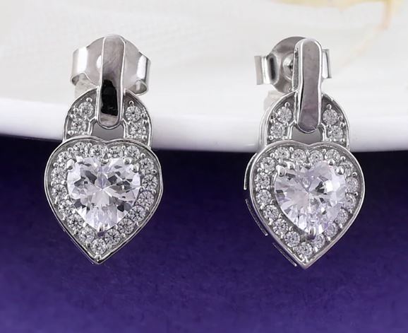 925 Sterling Silver CZ Sea Green Stone Heart Shaped Drop Earrings