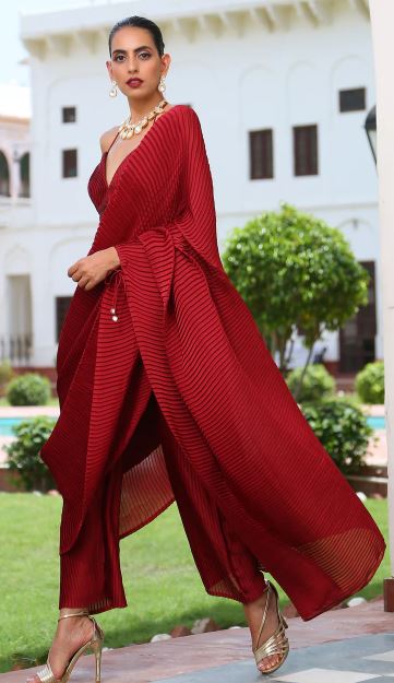 Accordion Maroon Pre-draped Saree with Self Arm-Tie