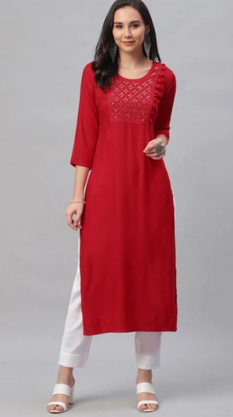 Red Embroidered Rayon Kurta