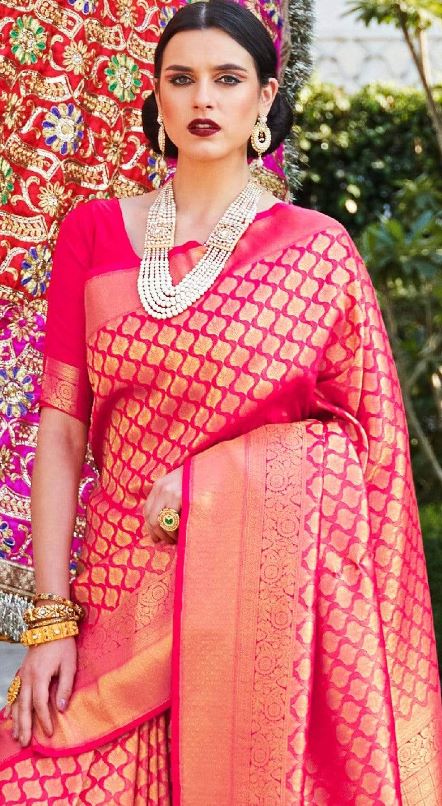 Deep Pink Woven Kanjivaram Saree