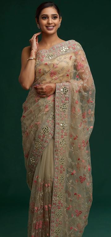 Pista Green Threadwork Net Designer Saree