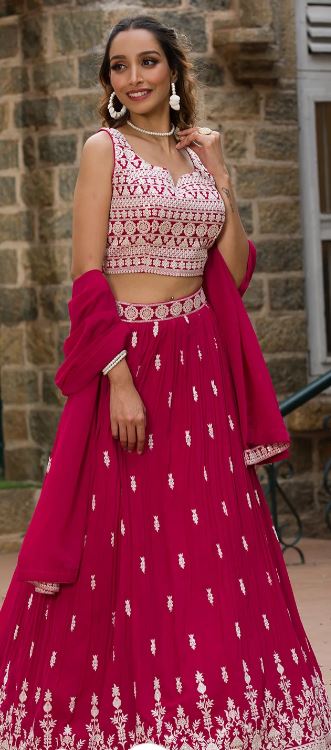 Rani Pink Threadwork Georgette Readymade Lehenga Set