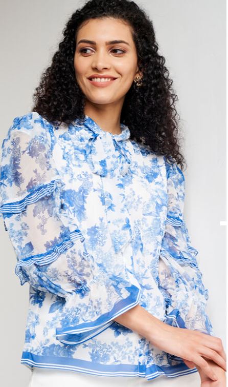Blue and White Floral Casual Top