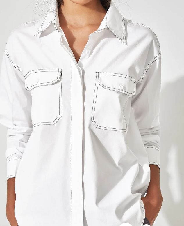 White Contrast Topstitched Shirt