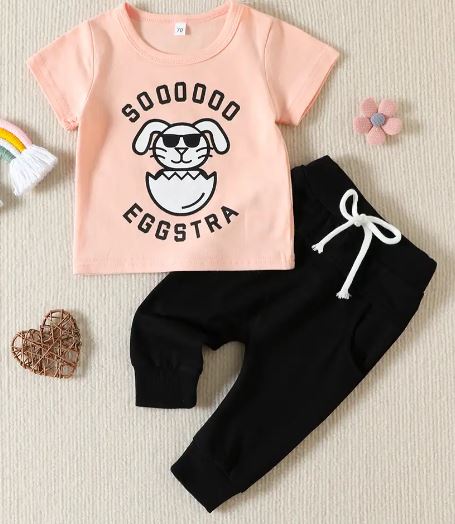 Girls Orange Text Print T-Shirt and Pant Set