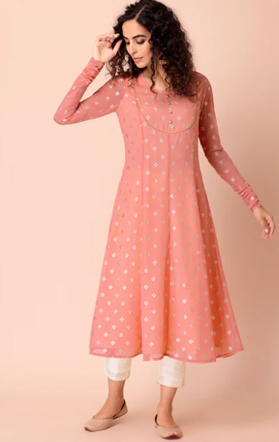 Peach Foil Churidar Sleeve Anarkali Kurta