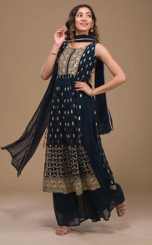 Peacock Blue Zariwork Georgette Readymade Salwar Suit