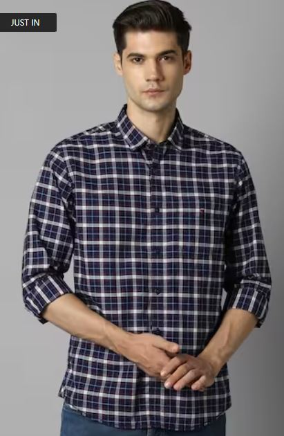Men Navy Slim Fit Check Full Sleeves Casual Shirt