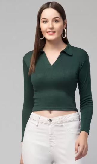 Casual Regular Sleeves Solid Women Dark Green Top