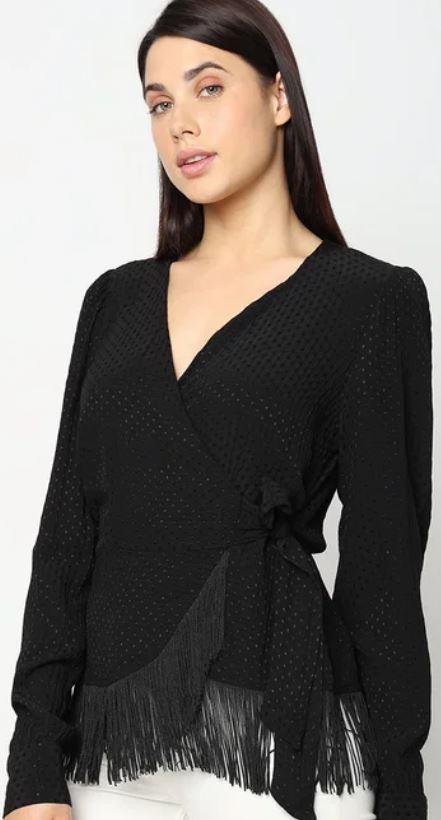 Black Fringe Detail Wrap Top