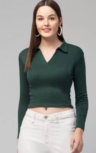 Casual Regular Sleeves Solid Women Dark Green Top