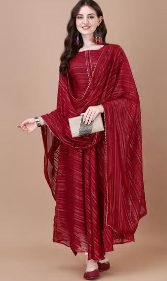 Women Striped Anarkali Kurta with Dupatta