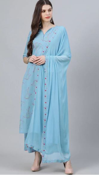 Blue Printed Cotton Straight Kurta With Palazzos & Dupatta