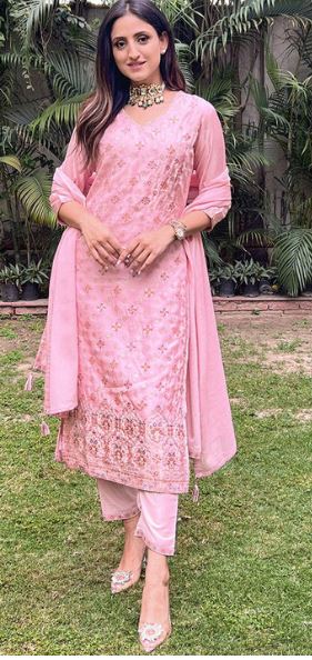 Pink Woven Design Silk Straight Kurta With Dupatta