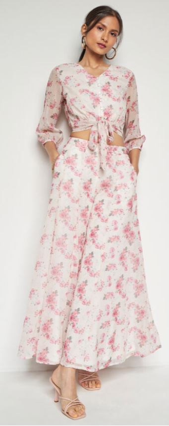 Cream And Red Flared Set