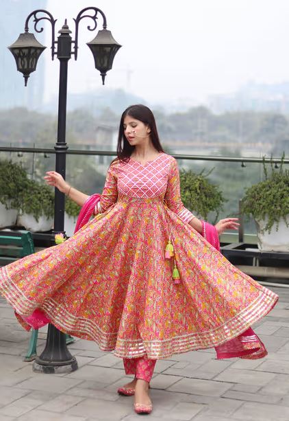 Pink Floral Handworked Anarkali Pant with Dupatta