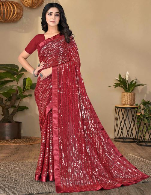 Red Sequins Embroidered Georgette Saree