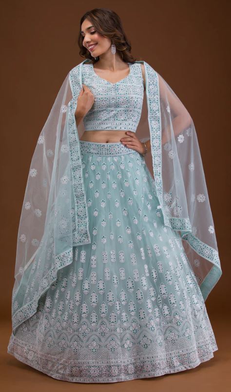 Sky Blue Print Net Readymade Lehenga