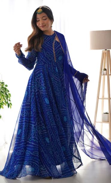 Lapiz Blue Bandhani Printed Kurta with Dupatta