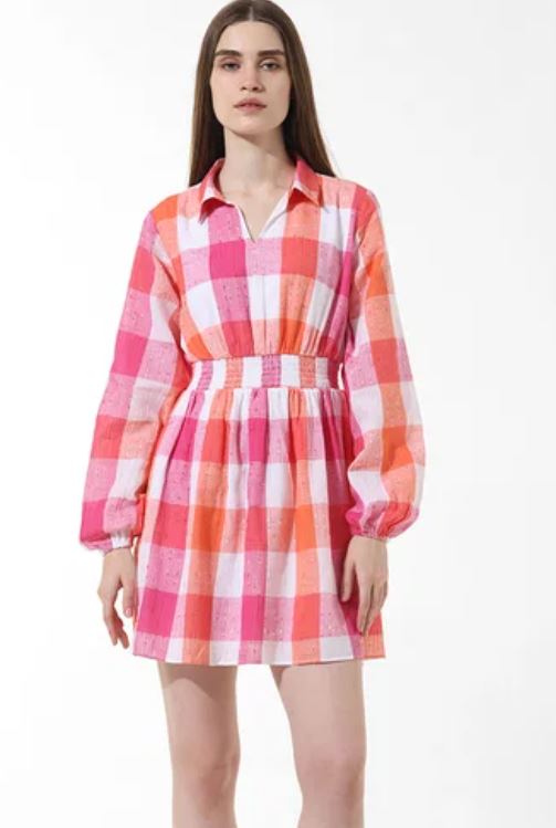Pink Check Print Mini Dress