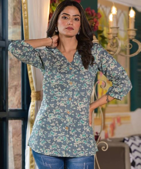 Grey Floral Printed Pure Cotton Top