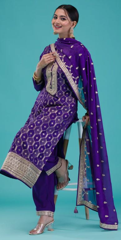 Purple Zariwork Crepe Readymade Salwar Suit